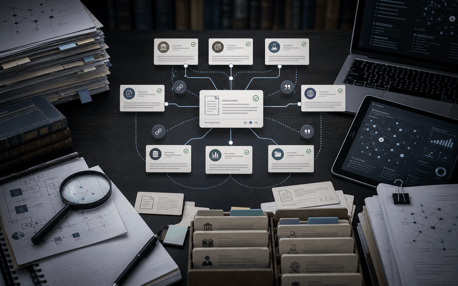Academic research desk with source verification notes, search trails and checked paper references