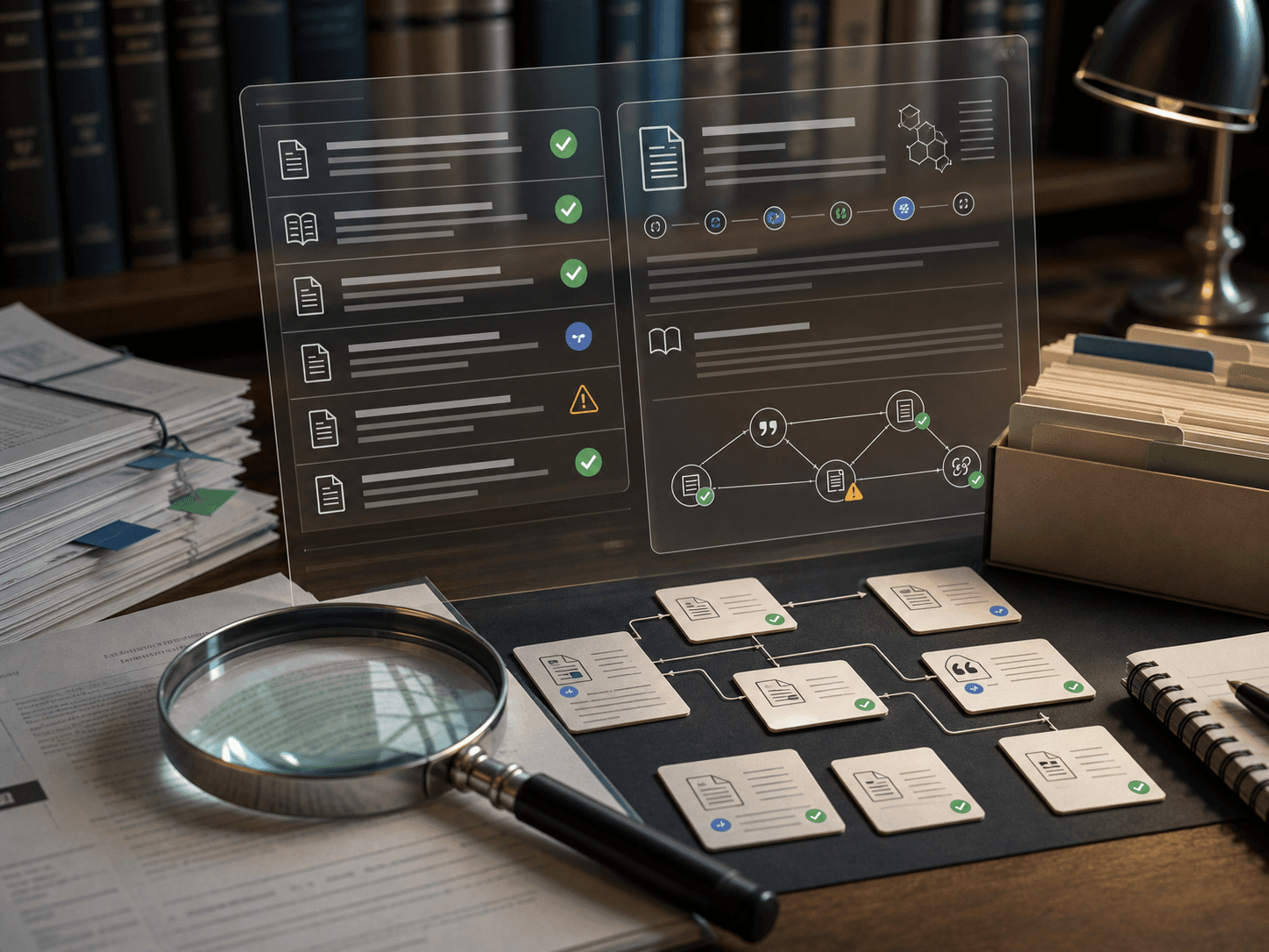 Research paper source verification desk with DOI checks, abstracts and citation notes